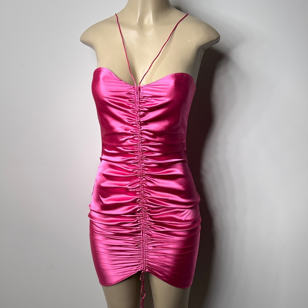 Meshki Hot Pink Satin Ruched Mini Dress with Thin Straps